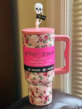 Betsey Johnson NWT Pink Floral Stainless Steel Travel Mug Skull Straw Topper